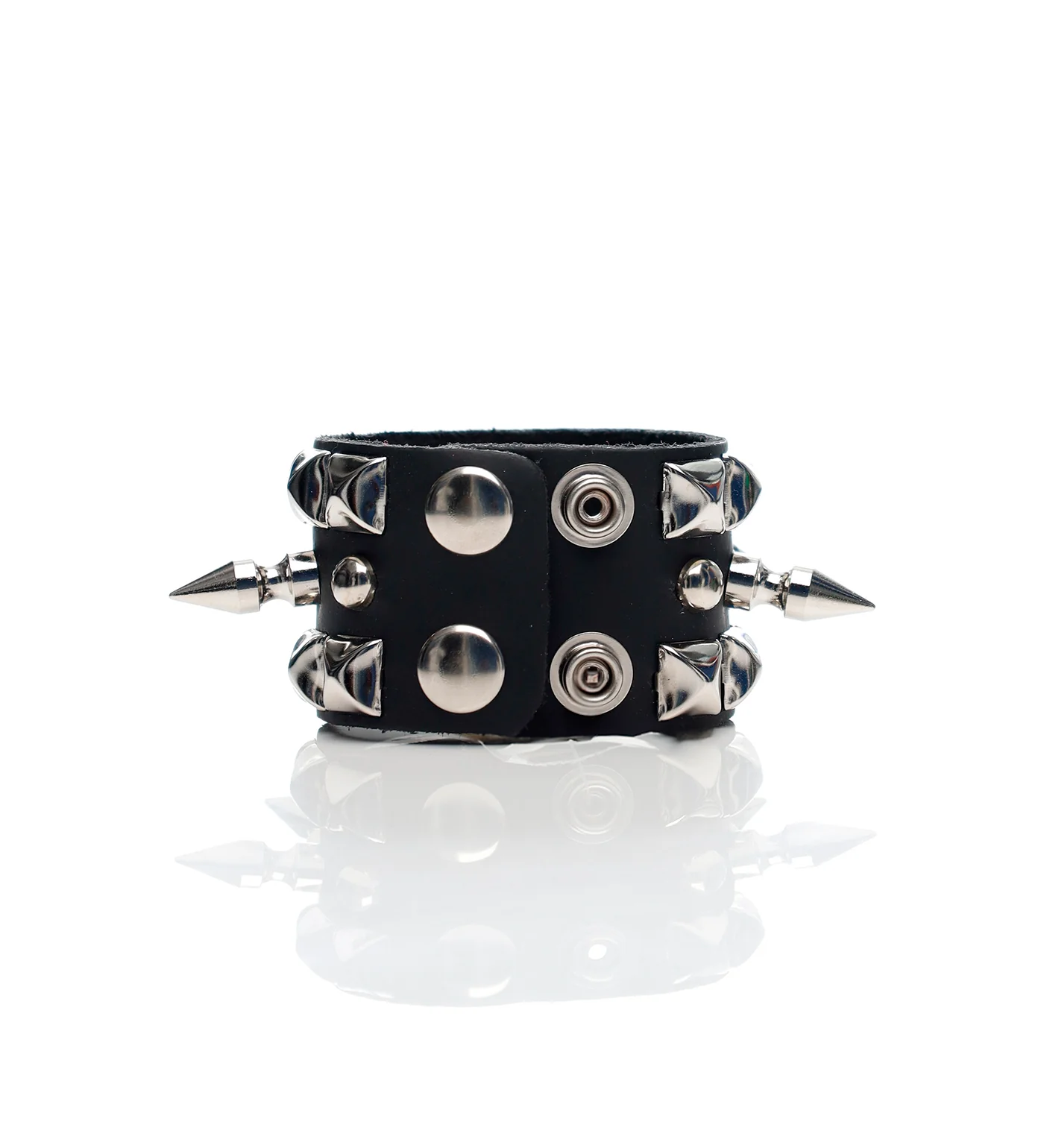 1 Row 1" Spike With Round Pins & 2 Row Pyramid Bracelet, Black/Silver - Image 2
