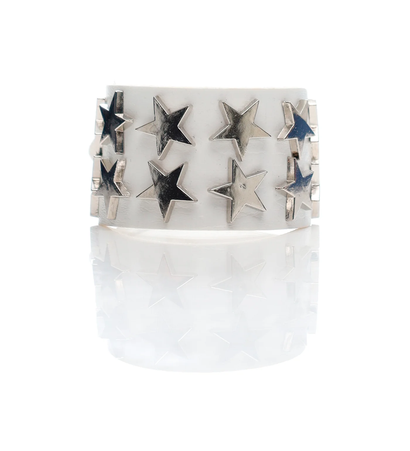 2 Row Stars Flat Studs PU Leather Wristbands, White/Silver