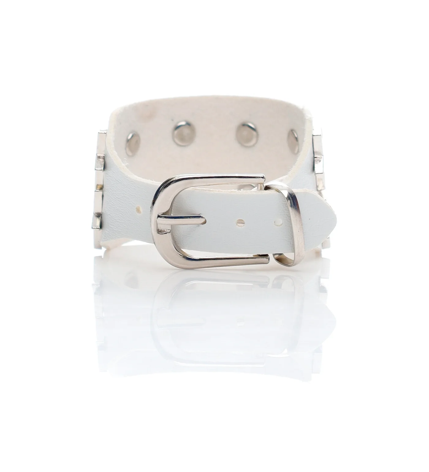 2 Row Stars Flat Studs PU Leather Wristbands, White/Silver - Image 2