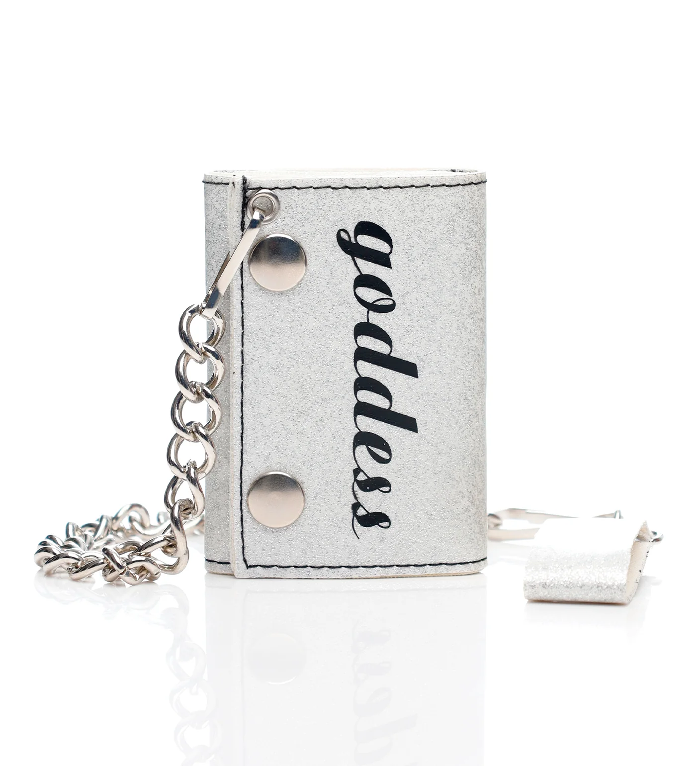 Goddess Tri-fold Wallet W/Chain, Glitter Silver/Black