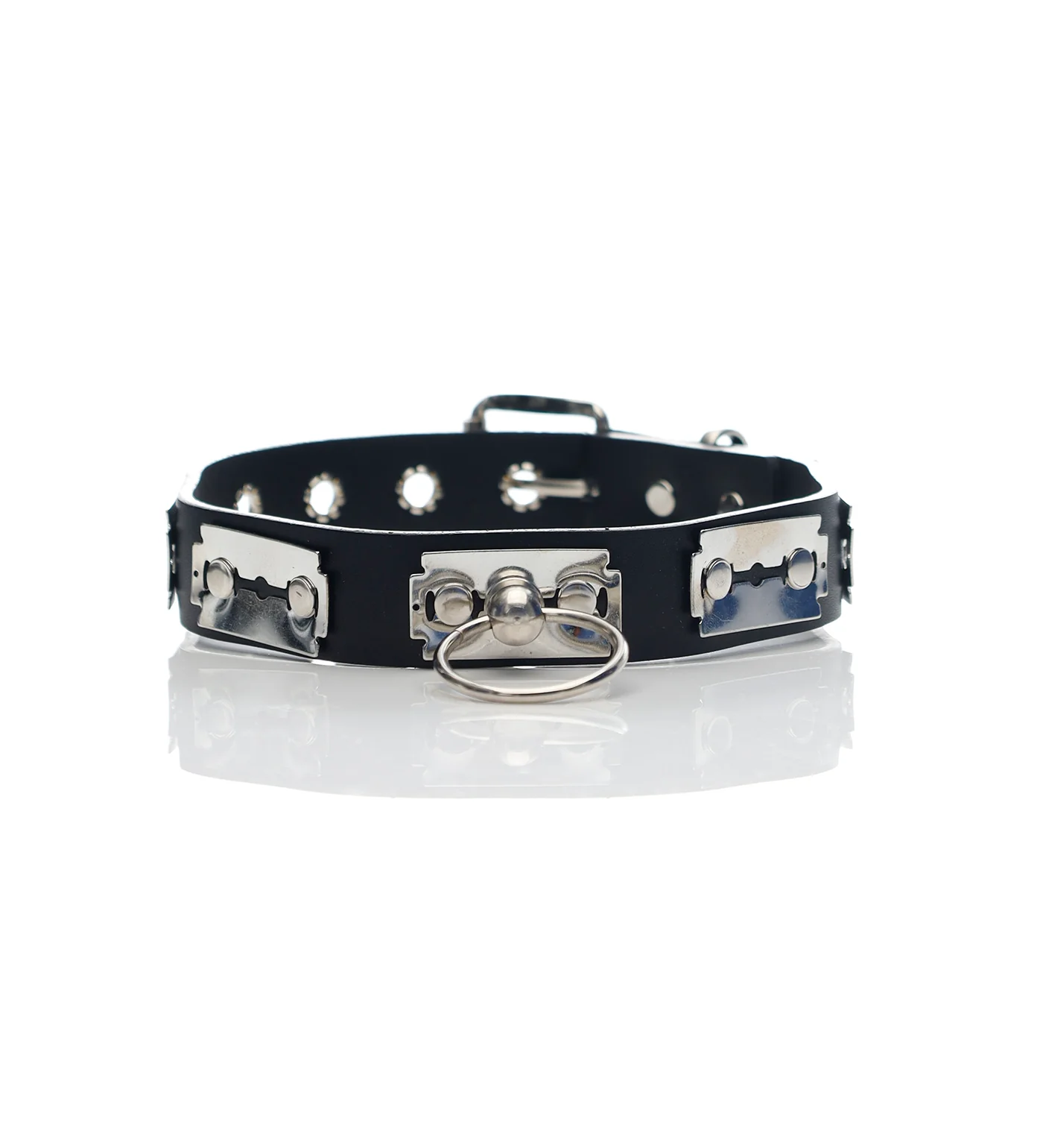 Razor Blade Leather Choker, Black/Silver